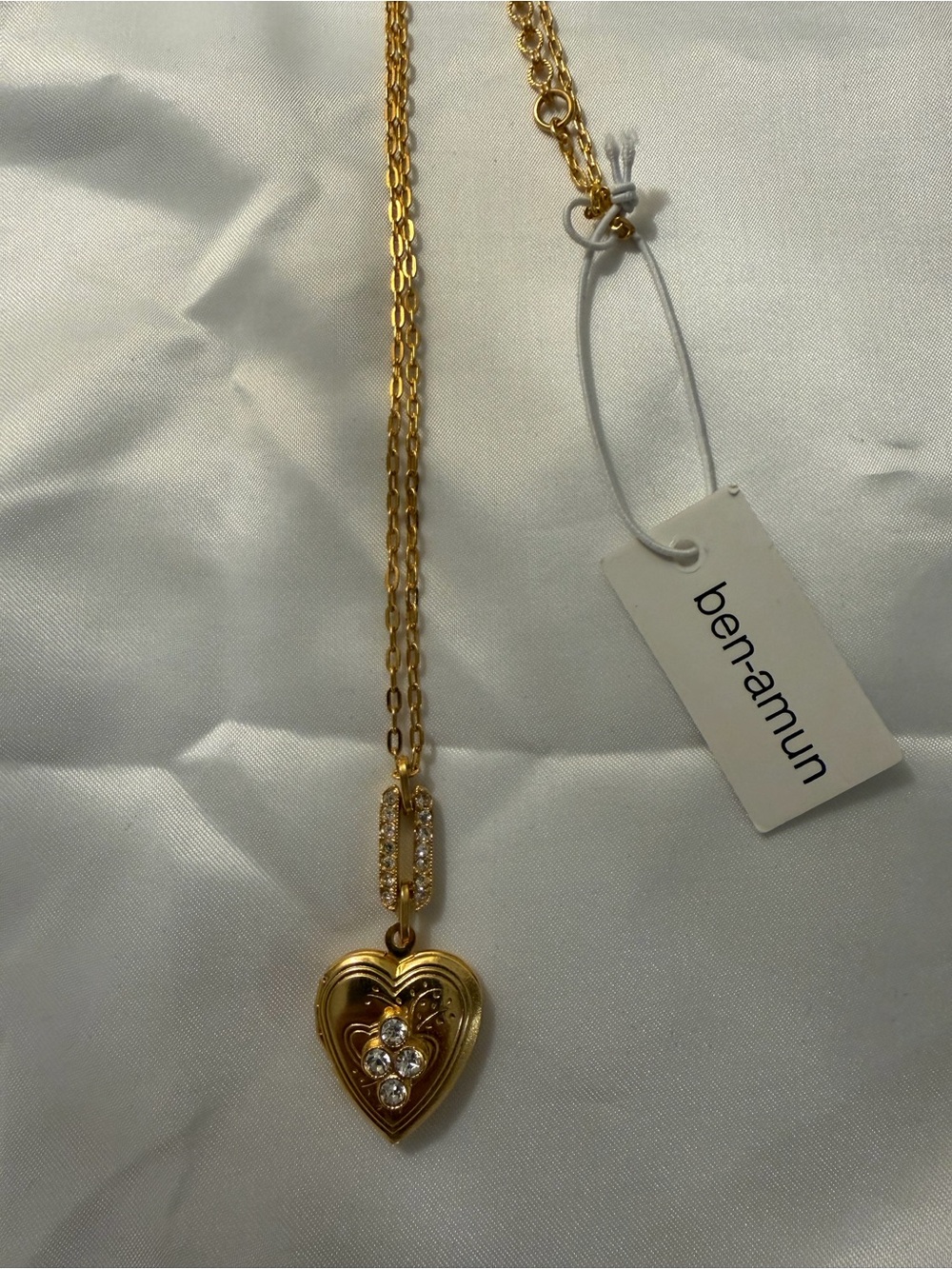 Ben-Amun Gold Heart Locket Pendant Necklace with Clear Crystal Cluster
